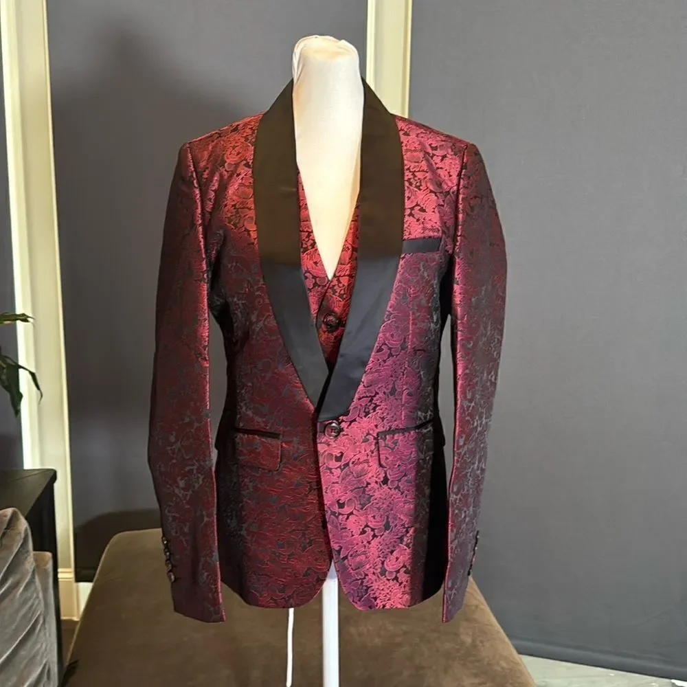 Men’s Boys Burgundy Paisley Slim Fit 3 Piece Tuxedo Size 30 Jacket 29 Pants NWT